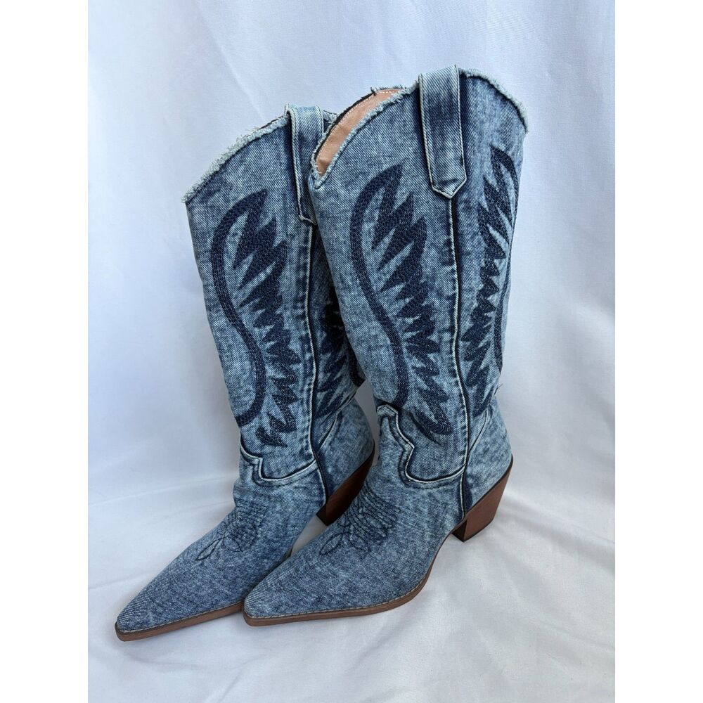 Western Cowboy Boots Light Wash Denim Size 8 Festival Cowgirl Line Dancing Heels